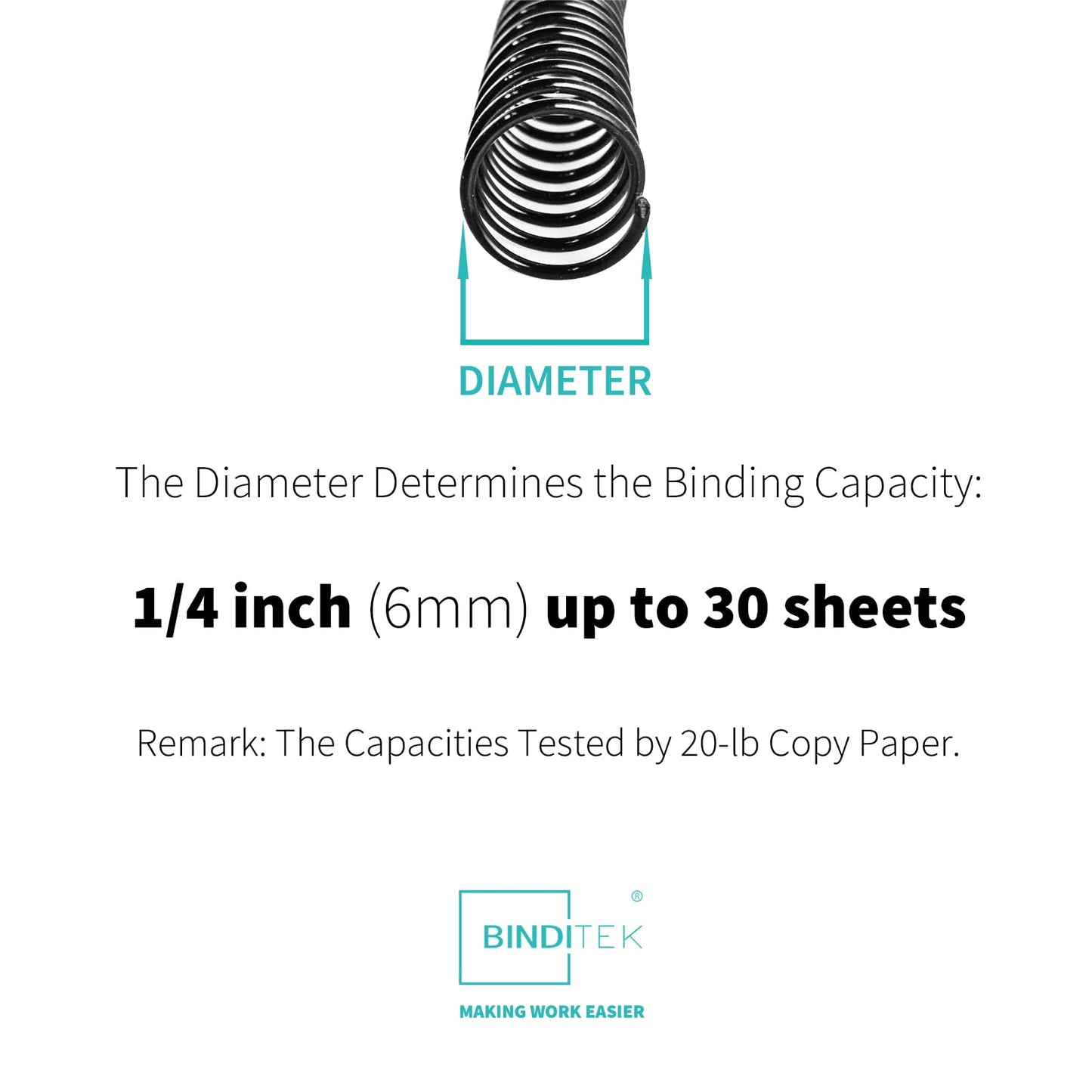 Binditek 200 Pack Plastic Spiral Binding Coils, 6mm(1/4"), 30 Sheet Capacity, 4:1 Pitch, Black, 48Loops, for Letter Size, for Students and Coworkers