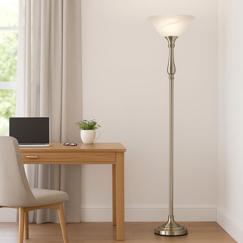 LIGHTACCENTS Floor Lamp, 72-Inch Standing Lamp with Brushed Nickel Finish and White Alabaster Glass Shade – Torchiere Pole Lamp for Living Room, Bedroom, or Corner Lighting