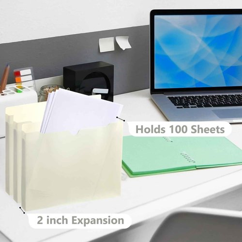 Dunzoom 50 Pack 2 Inch Expanding Manila Plastic File Jackets Expandable Folders Heavy Duty 2 Inch Expansion Pocket File Folders Reinforced Straight-Cut Tab (Classic,Beige)