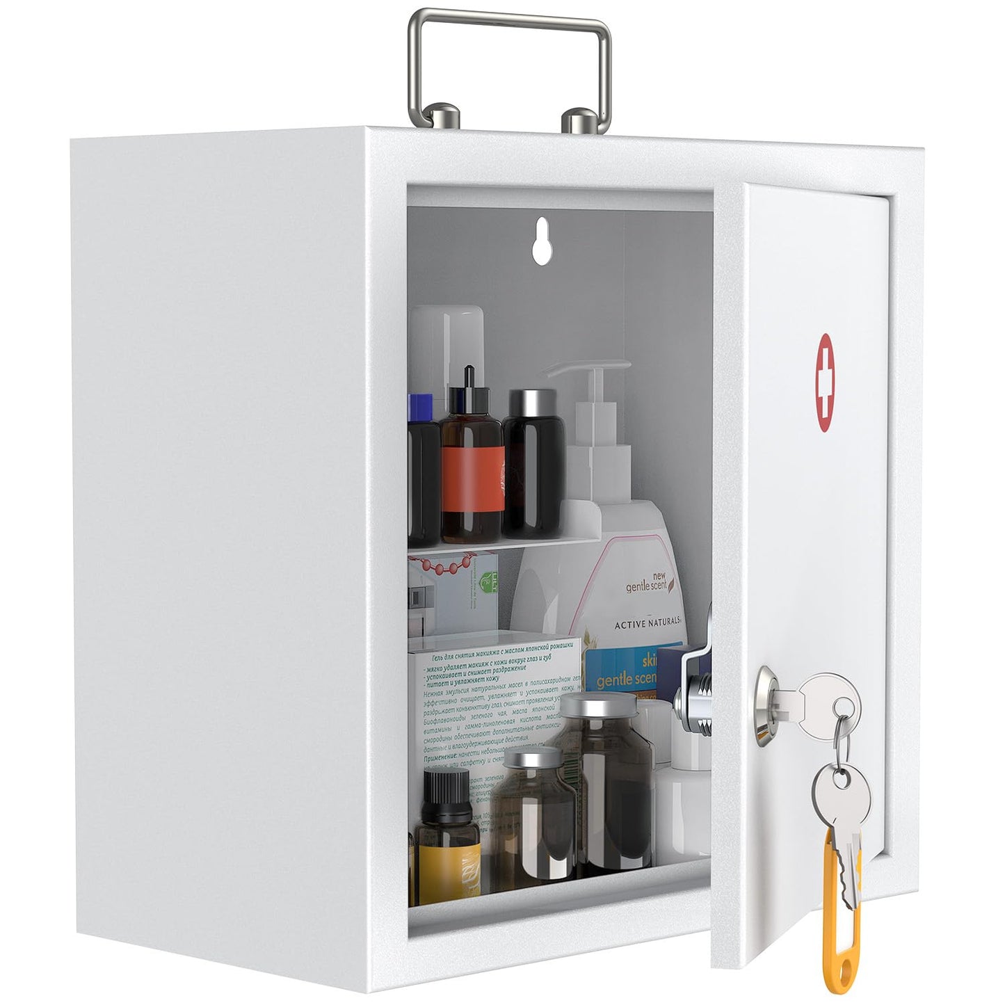 Uniclife Wall Mount Medicine Cabinet with Key Lock & Handle Locking First Aid Cabinet Lockable Medical Cabinet Medium Medicine Organizer Secure Steel Wall Cabinet Metal Storage Box, White