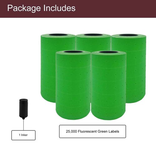 Motex 1 Line Labels - 25,000 Green Blank Price and Date Gun Labels with 1 Ink Roll, Fits MX-5500 and Perco 1 Line Price and Date Guns