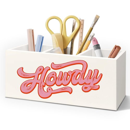 AQYIP Pink Western Howdy Wooden Pen Pencil Holder for Desk Accessories, Western Office Decor, Cowgirl Gifts for Women Wood Makeup Brush Toothbrush Holder Organizer for Vanity Bathroom