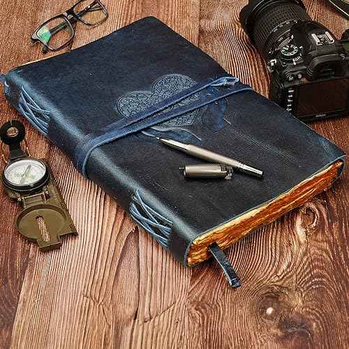 LUXEORIA Heart Journal for Women and Men, Handcrafted Leather Journal for Writing Womens, Sketchbook, Travel Diary with Unlined Deckle Paper, Dark Blue 8x13