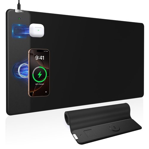 Magnetic Wireless Charging Mouse Pad, 31.5"x15.8" Large Gaming Desk Mat with Superior Stitched Edges, Non-Slip Base, Waterproof Ultra-Smooth Surface Keyboard Pad for Gamer, Office & Home, Black