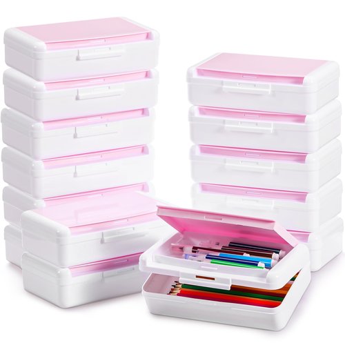 Sherr 12 Pack Large Capacity Pink Pencil Boxes – Double Layer Plastic Pencil Case Organizer, Stackable Crayon & Gel Pen Storage Containers