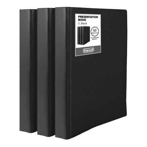 Dunwell Presentation Binder 60-Pocket, Displays 120 Pages, 8.5x11 Portfolio Binder with Plastic Sleeves, Storage and Organizer for Documents, Photos, Kids Artwork, Projects, Recipes (3 Pack, Black)