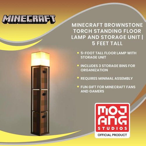 Minecraft Brownstone Torch 5-Foot Standing Floor Lamp and Storage Unit | Includes 3 Cube Organizer Storage Bins
