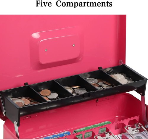 Regine Switzerland Cash Box - Secure Metal Lock Box with Money Tray | Pink Color