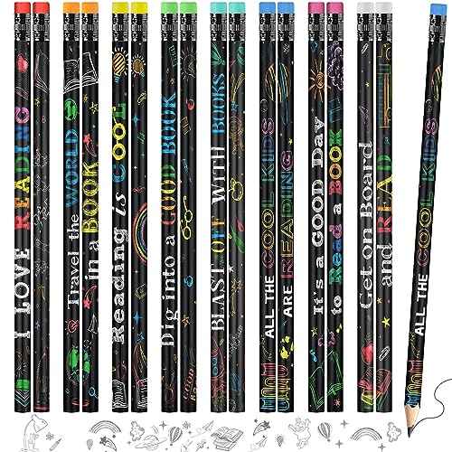 Pasimy 480 Pcs Reading Motivational Pencils Bulk Black Novelty Wooden Pencils with Eraser Classroom Inspirational Pen with Sayings for Kids Student Teacher School Reward Gifts Stationery Party