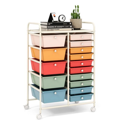 LDAILY 15 Drawer Rolling Storage Cart, Rolling Cart with Drawers for Classroom, Art Supply Craft Organizer on Wheel with Metal Frame & Handles for Home Office School