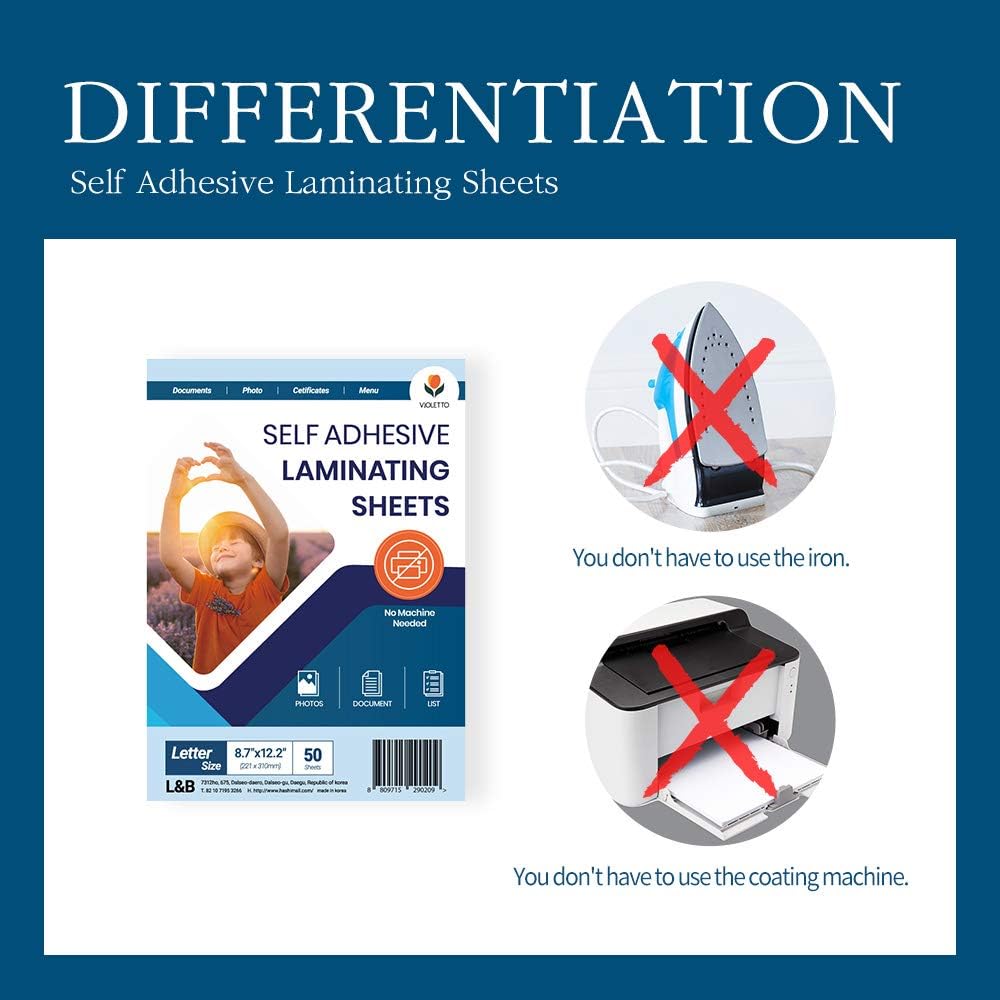 VIOLLETO Self-Stick Laminating Sheets - 8.5 x 11 Inches, 4mil, No Heat, Peel & Stick, Pack of 50