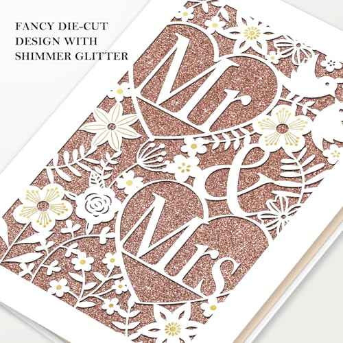 D24TIME Wedding Card for Bride and Groom - Elegant Die-Cut Floral and Birds Design with Glitter Champagne Gold - Personalized Wedding Congratuations Card with Envelope and Sticker 5.5x8in