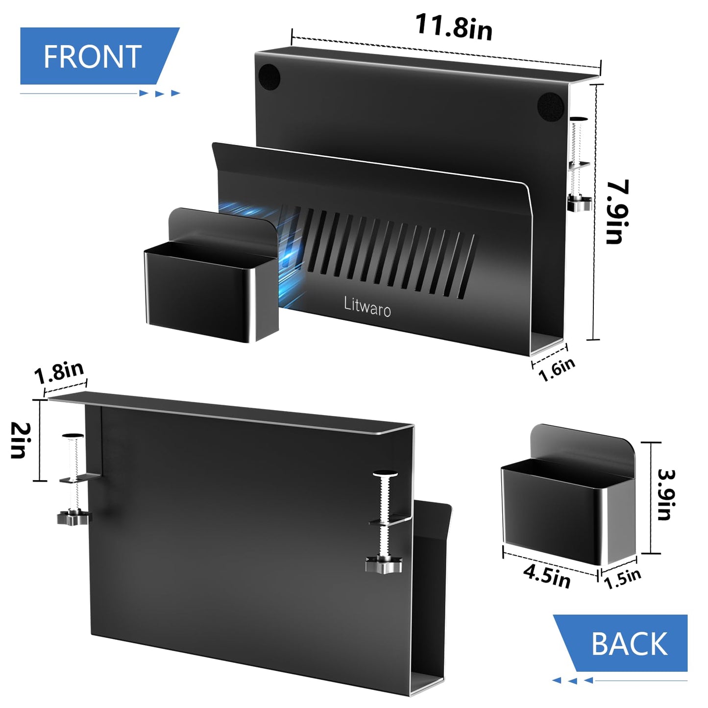 Litwaro Desk Side Storage, No Drill Laptop Holder with Magnetic Pen Holder, Clamp on Laptop Mount with Sticky Headphone Stand, Hanging Organizer for Office, Fits Flat Table Edge 0.4" to 2" (Black)