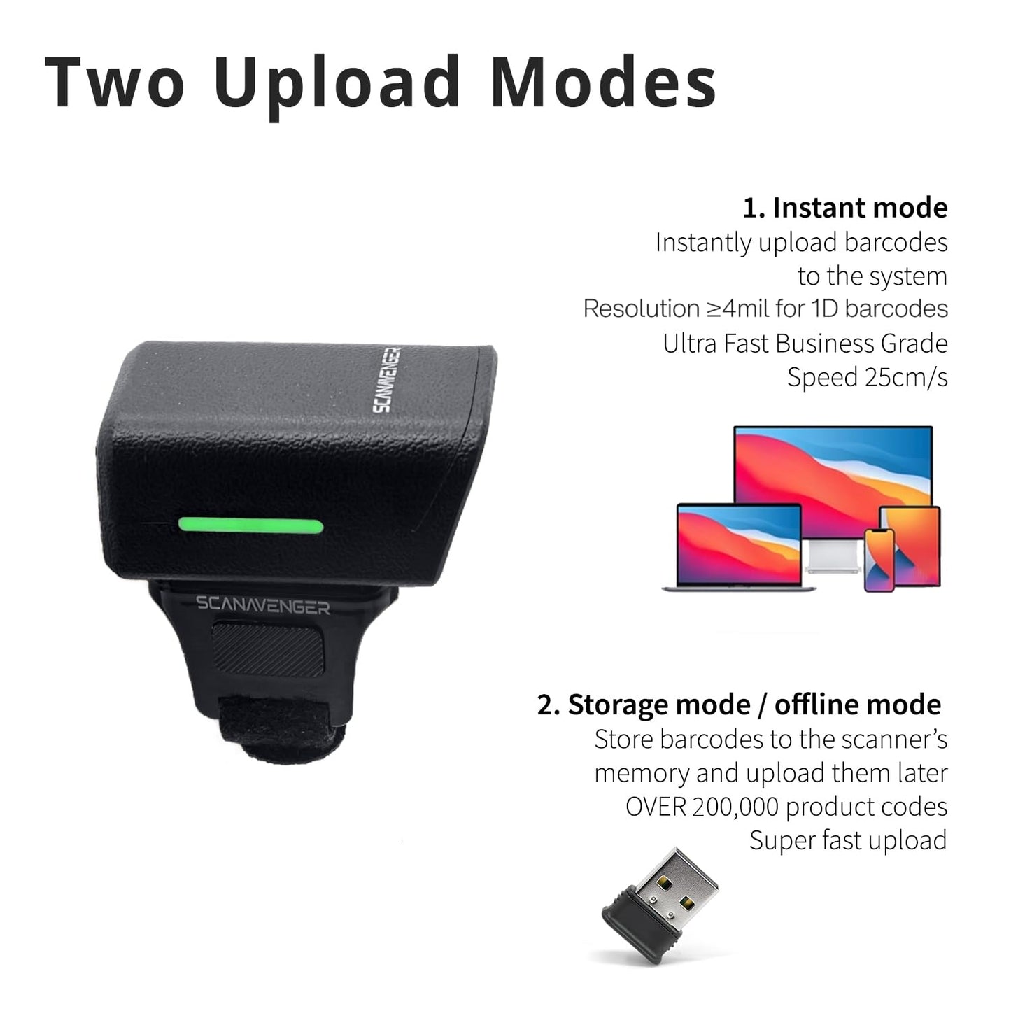 ScanAvenger 1D 2D QR Ring Barcode Scanner – Wearable Mini Bluetooth Wireless Finger Reader, USB & 2.4GHz, Compatible with iOS, Android, Windows, for Warehouse, Store & Inventory Use