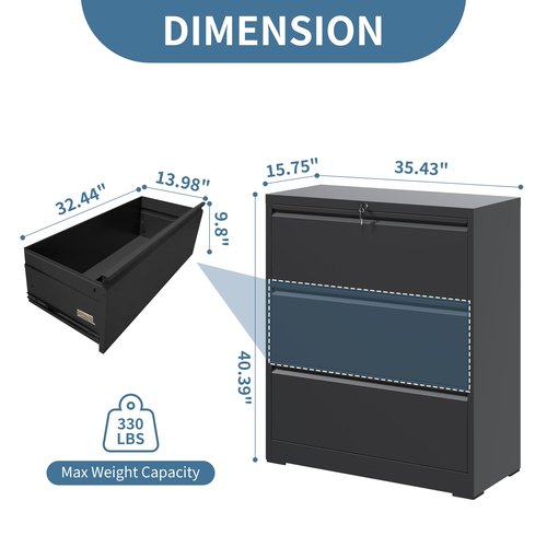 AQY3 Drawer File Cabinet with Lock,Metal Lateral File Cabinets for Home Office,Steel Wide Filing Organization Storage Cabinets for Hanging Files Letter/Legal/F4/A4 Size Assembly Required(Black)