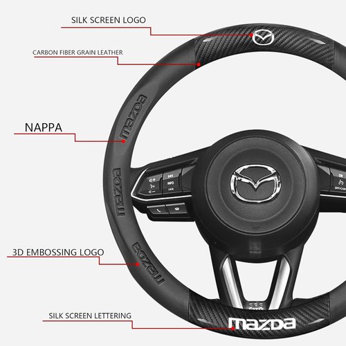 Mazda Steering Wheel Cover - Stylish Nappa Leather & Carbon Fiber Texture - Non-Slip 15-Inch Universal Fit