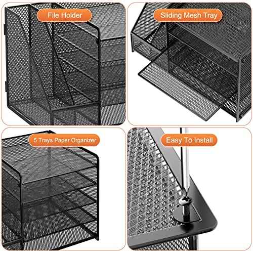 Marbrasse Desk Organizer with File Holder, 5-Tier Paper Letter Tray Organizer, Mesh Desk Organizers and Accessories with Magazine Holder, Desktop Storage for Office Supplies (Black)