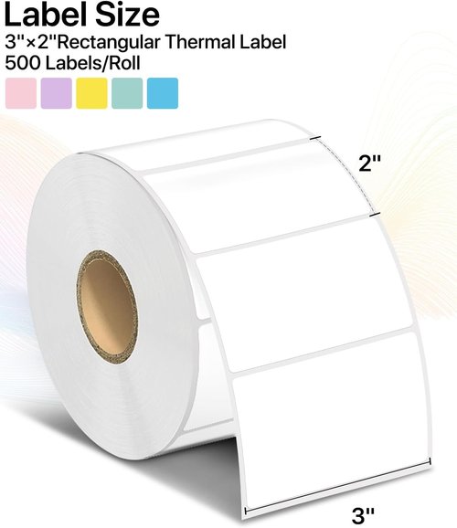 Rectangle Thermal Label Stickers - Self-Adhesive 3" x 2" Labels | Compatible with Thermal Printers, 500 Labels/Roll, White