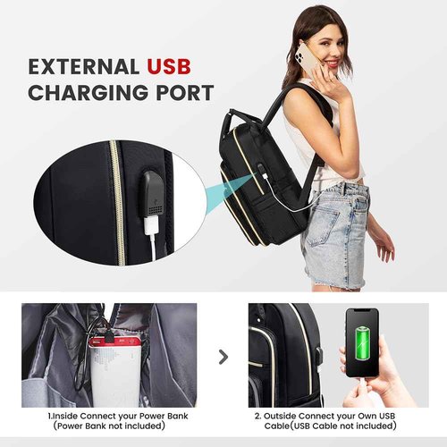 LOVEVOOK Laptop Backpack for Women, Water Resistant Travel Work Backpacks Purse Stylish Business Teacher Nurse Computer Bag with USB Charging Port,Black