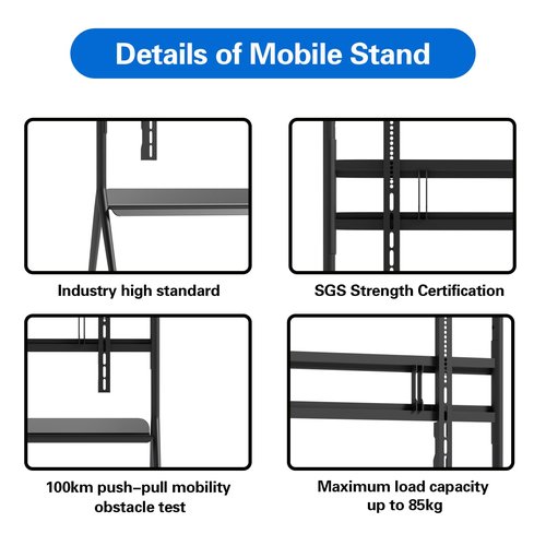 Tiburn Mobile Smart Board Stand with Locking Wheels for 55" - 75" Interactive Whiteboards | Adjustable Height, Removable Stand for Home, Classroom, Office
