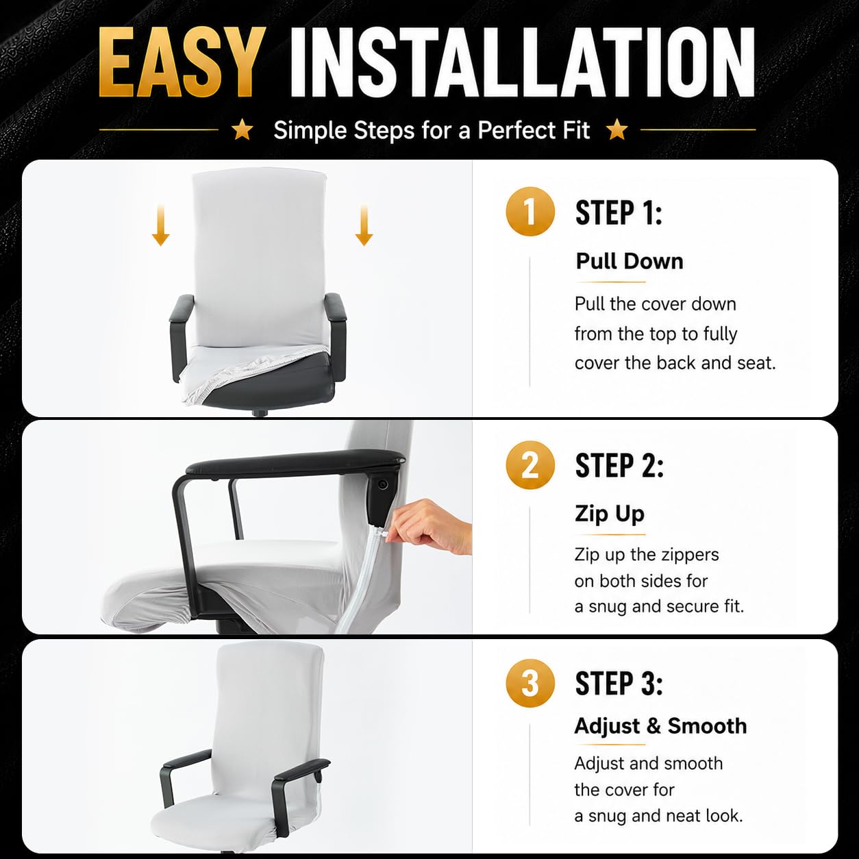 DIVA EN CAMINO DEC Stretchable Office Chair Cover with Durable Zipper, Soft Slipcover for Computer Desk Chair - Mid Gray