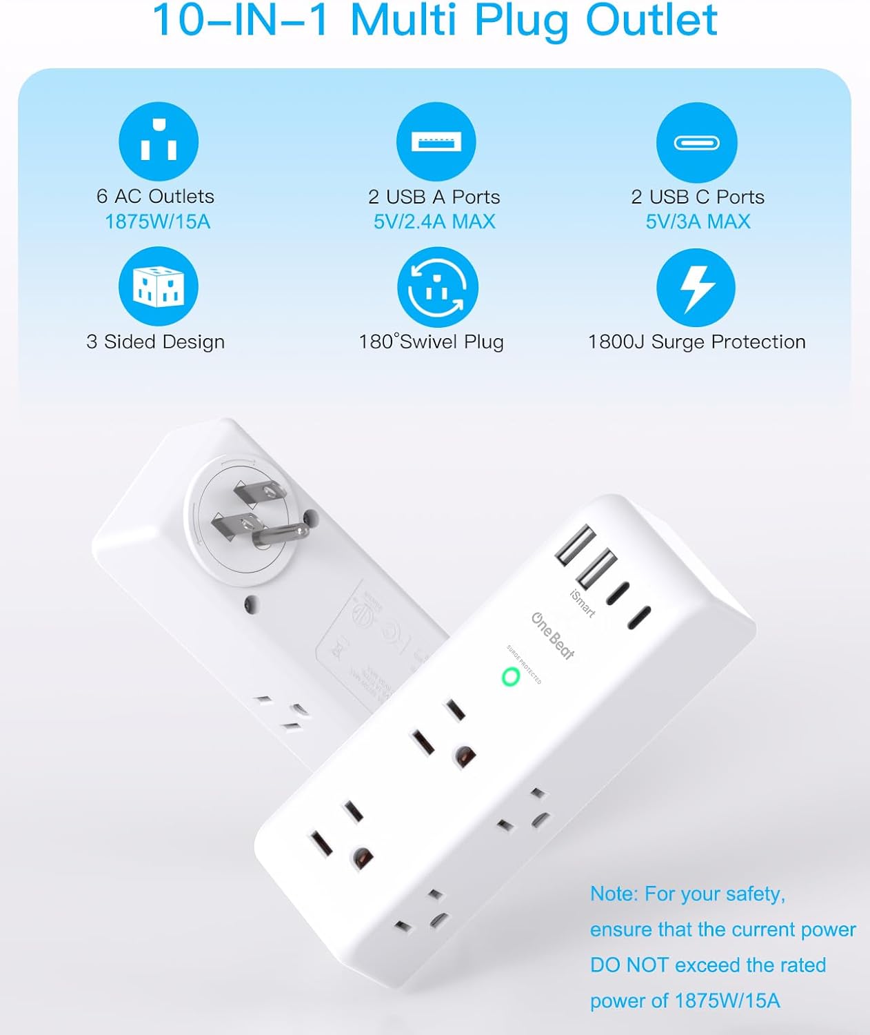 Surge Protector by [Brand Name] - 6 AC Outlet Extender with 4 USB Ports, Rotating Plug & 1800J Protection | Ideal for Home & Office