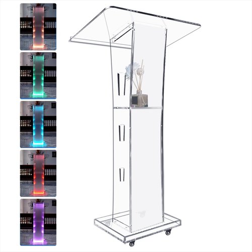 42.5" Acrylic Podium Stand with 15 Adjustable LED Colors, Storage Shelf, and Wheels - Clear Pulpit for Church, Conference, Classroom, Wedding, and Events