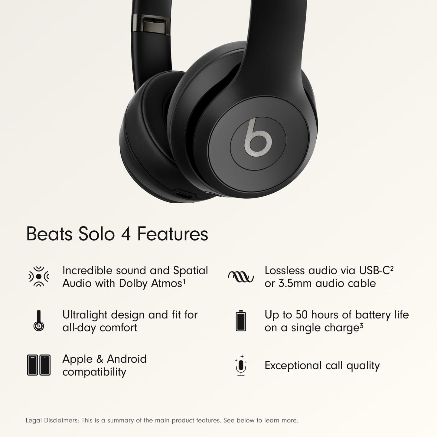 Beats Solo 4 - Wireless On-Ear Bluetooth Headphones | 50-Hour Battery Life, Ultra-Lightweight Comfort, Matte Black