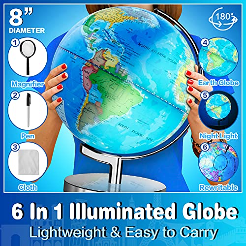 6 in1 Illuminated World Globe for Kids & Adults All Ages High Clear Map, Illuminates Educational Interactive STEM Toy, Light Up Kids Globe Lamp,Gifts For Boys And Girls