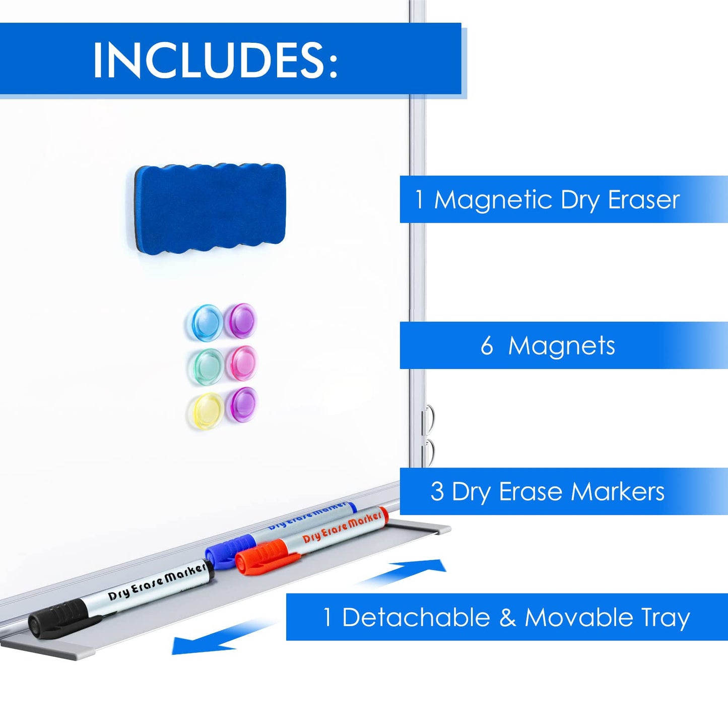 Magnetic White Board for Wall, 24" x 18" Dry Erase Board Hanging Whiteboard with Aluminum Frame for Office Home, Includes 1 Eraser & 3 Markers & 6 Magnets