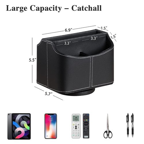 YAPISHI 1x Remote Control Holder, PU Leather Black + 1x Swivel Desk Organizer, PU Leather Black