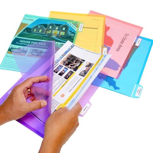 Ultimate Office PocketFile™ Clear Poly Document Folder Project Pockets, 5th-Cut, Letter Size, in 5 Assorted Colors, Set of 100