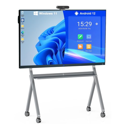 LINGHUFOX 75" Smart Board, 4K Touch Screen Interactive Whiteboard with Windows 11 Pro & Android 12.0, All-in-One Computer with AI Camera and Movable Stand for Classroom and Office