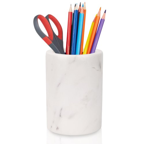 WORHE Natural Marble Pen Holder for Desk, Handcrafted Volakas Sturdy Desk Organizer for Office Supplies Storage Desktop Stationary Makeup Brushes Cup Pencil Holders for Home White (DL002)