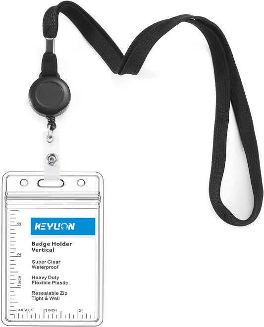 Skiennix Retractable Badge Reel Lanyard - Heavy Duty Clear Vertical ID Card Holder | Black, 3 Pack