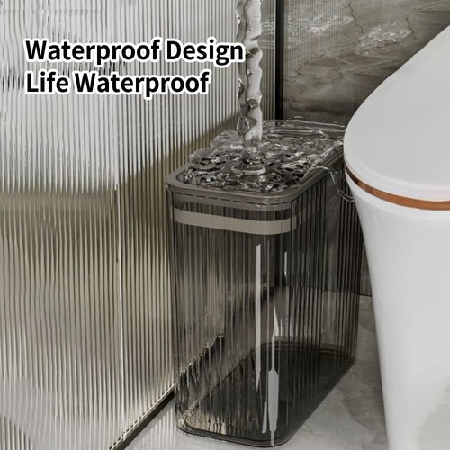 Transparent Trash Can, Bathroom Trash Cans with Lids, 3.5 Gallon Garbage Can for Bedroom, Office, Plastic Slim Waste Basket with Press Top Lid, 15L Clear Trash Bin for Home, Kitchen (Gray)