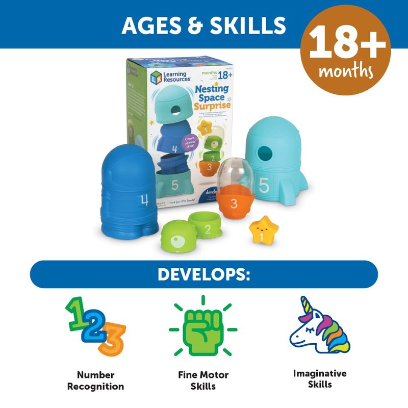 Learning Resources Nesting Space Surprise, Preschool Learning Activities, Fine Motor Skills, Montessori Preschool Toys, Space Toys, Ages 18 Months+, 9 Pieces