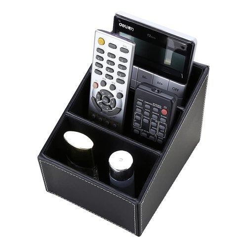 KINGFOM Remote Control Holder with 3 Compartments Pu Leather Remote Caddy Desktop Organizer Store Brush, Pencil, TV Guide, DVD, CD, Blu-Ray, Media Player, Heater Controllers(Black)