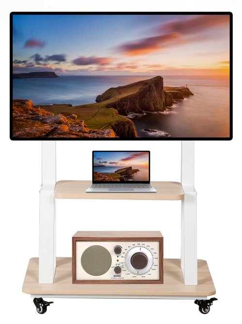 Mobile TV Stand Rolling TV cart for 32-75 Inch Rolling TV Stand with Wheels Flat/Curved LED/LCD/OLED Height Adjustable Heavy-Duty Portable Floor Mount with Wood Shelf Holds up to 100lbs White