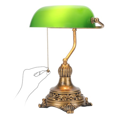 NISSAFORS Bankers Lamp with Pull Switch, Green Glass Desk Lamp with Retro Black/Gold Finish, Vintage Table Lamps for Living Room, Library, Piano(Green)