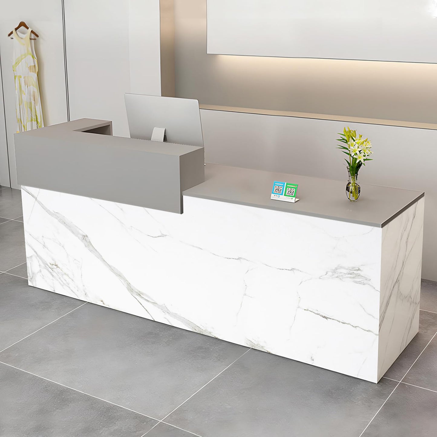 Modern Reception Desk with Drawer & Open Shelves, 39-95 Inch Front Counter Table, Computer Workstation Suitable for Salons, Offices, Lobbies, Retail Stores and Home Offices