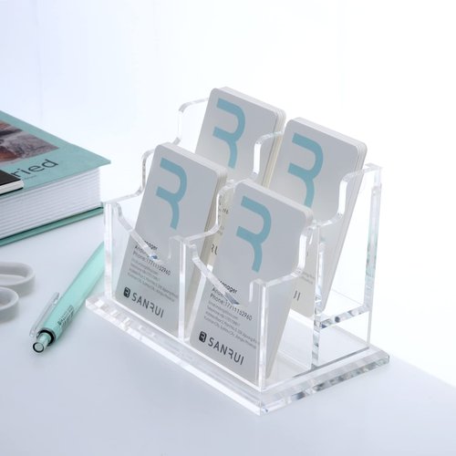 SANRUI Clear Acrylic Business Card Holder 2Tier Vertical Cards Display with 4 Slots Organizes Up to 200 Cards Professional Card Organizer for Men & Women Perfect for Office, Home & Exhibition