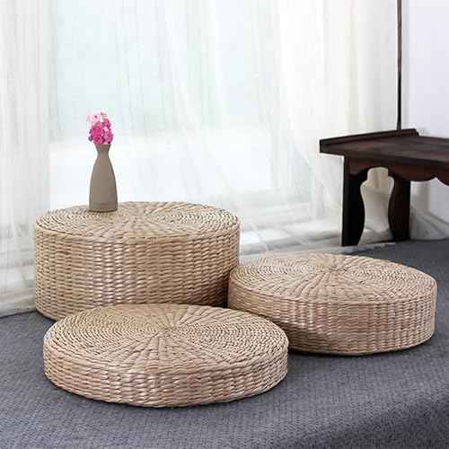 HEALLILY Hand-Woven Round Yoga Seat Cushion - 15 Inch Straw Floor Cushion for Meditation Sitting on Floor and Relaxation
