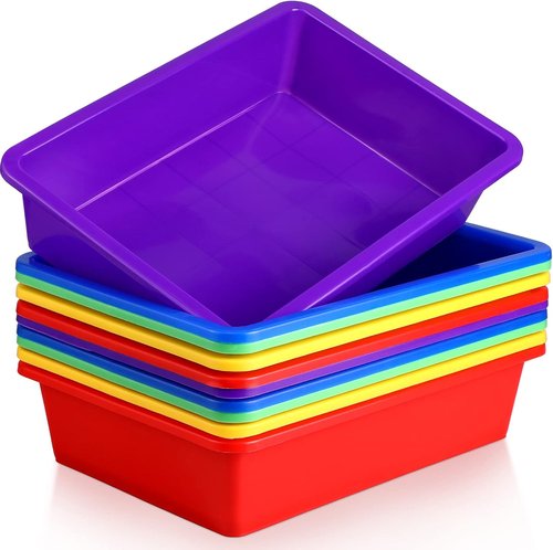 Hoteam Flat Storage Organizer Tray - 10 Pcs Stackable Plastic Bins for Classroom & Office | Multicolor, 13.78 x 9.84 x 3.15 Inch
