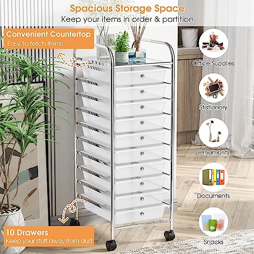 MEDIMALL 10-Drawer Rolling Storage Cart - Clear (Wheeled Craft & Office Organizer)