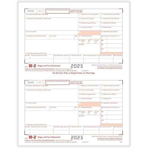 W2 Forms 2025 Income Set with envelopes, 6 Part 50 Employees Legal Laser Tax Forms kit and 6 W3s Transmittal Forms with 50 Self Seal Envelopes, Great for QuickBooks and Accounting Software