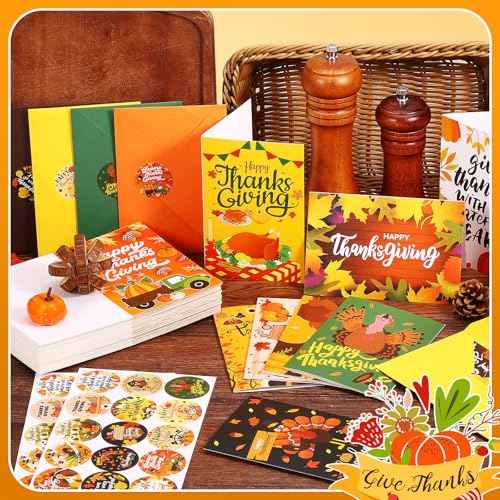 120 Pack Thanksgiving Cards with Envelopes & Stickers Thanksgiving Greeting Cards Bulk 30 Designs Fall Cards Blank Inside Harvest Cards for Happy Harvest Party Supply, 4 x 6 Inch