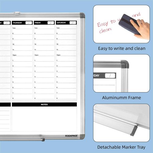 KODAPAGE Weekly Dry Erase Board, Weekly Planner whiteboard with Hourly time Slots, Whiteboard Weekly Calendar for Schedule for Wall 24" X 18" Double-Sided for Office, Home and School