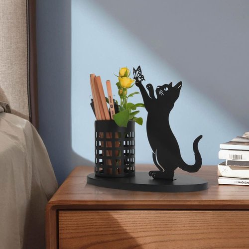kobjoy Cat Pencil Holder for Desk, Organizer Pen Holder for Bedroom/Office, Metal Cut Home Decor for Table Centerpiece, Black Gifts for Cat Lover, Pampas Grass Vase(Cat)