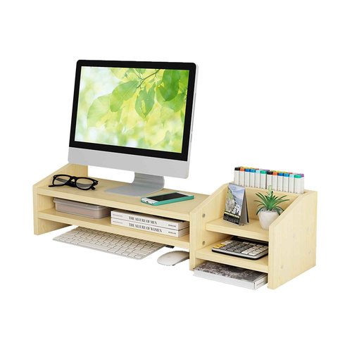 Catekro Monitor Stand Riser, 2 Tiers Wood Monitor Riser Stand with Storage Organizer, Multi-Purpose Desktop Organizer Riser for Computer,Laptop,Printer(White Maple Wood)